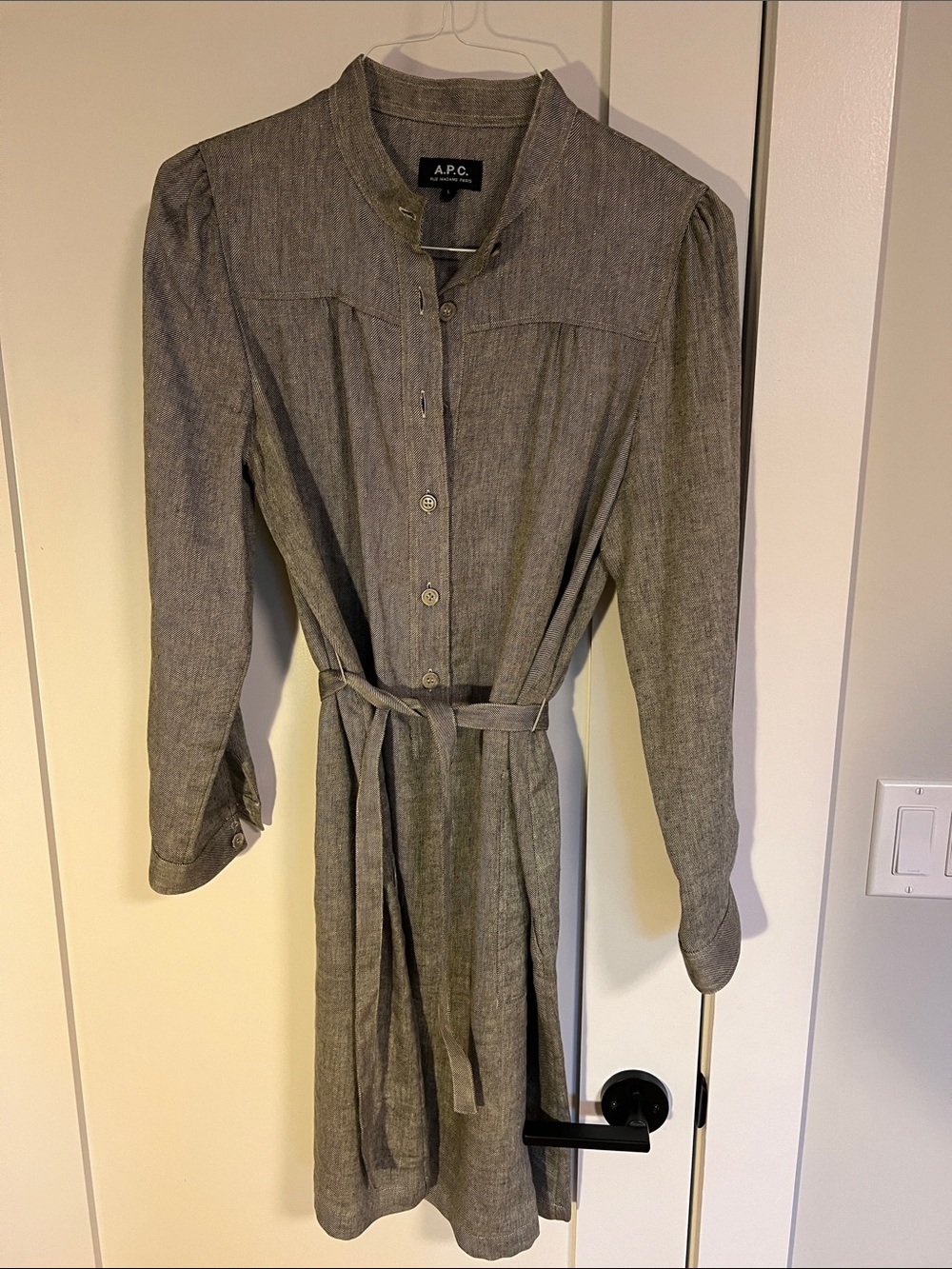 A.P.C. Gray Long-Sleeve Button Front Tie-Waist Dress